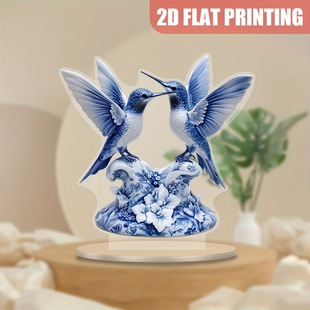 1 piece, 2D flat print blue and white porcelain hummingbird acrylic countertop decoration,(7.9 inches x 7.9