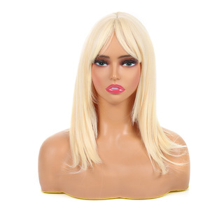 European and American fashion personalized golden Women's wig mid-length long straight hair chemical fiber headgear Golden student shoulder-length collarbone hair