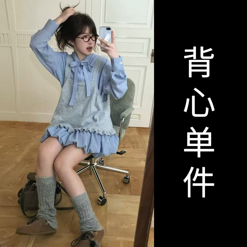 韩系蝴蝶结系带衬衫连衣裙子女2025新款巨好看早秋一整套装花苞裙|undefined
