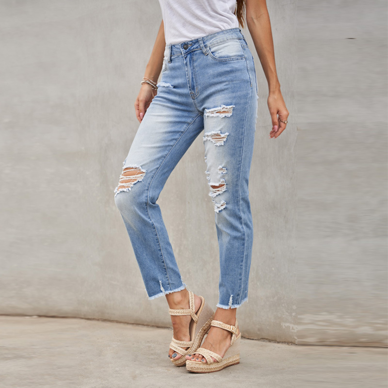 时颖欧美牛仔裤女2022新款蓝色磨街头风九分裤高腰破洞牛仔裤女