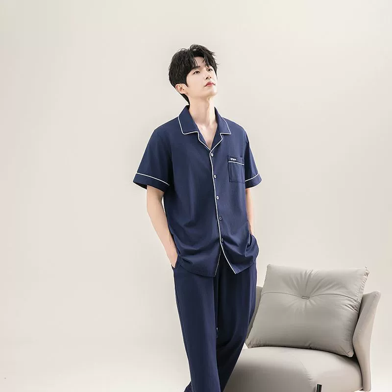 Set, pijama, cotton men's summer thin trousers for leisure, with short sleeve, plus size, wholesale