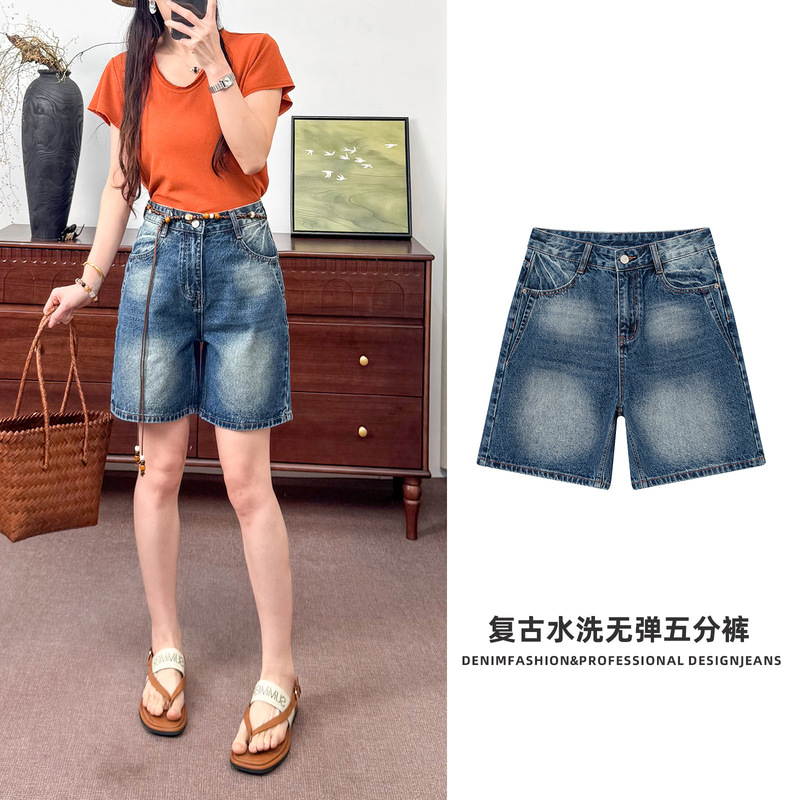 Summer Slightly Stretchy Casual Shorts, Women's High-Waisted Work Shorts, Five-Point Pants, Retro Blue Denim for Petite Sizes Summer Slightly Stretchy Casual Shorts, Women's High-Waisted Work Shorts, Five-Point Pants, Retro Blue Denim for Petite Sizes