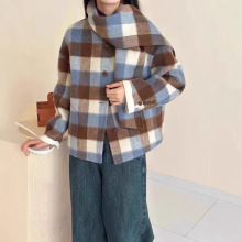 秋冬甜美可爱格子双面羊毛外套配围巾休闲百搭小个子女装羊毛大衣