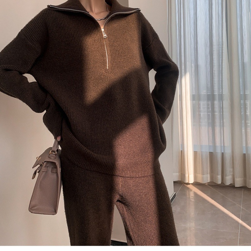 Transfronterizo estilo europeo y americano de cuello alto con cremallera suéter de punto conjunto de mujeres otoño invierno pantalones de piernas largas sueltos dos piezas