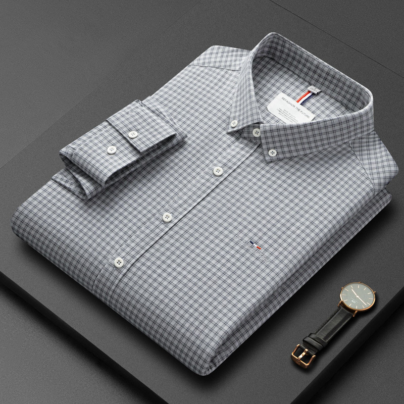Cross-border exclusive supply of Oxford cloth pure cotton men's long-sleeve spring and autumn plaid shirts with multi-stitch embroidery, men's shirt manufacturer