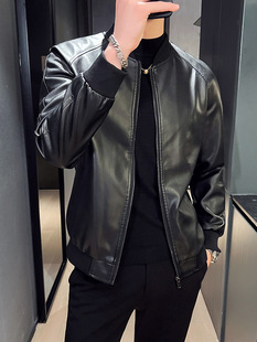 2025 New Baseball Collar Leather Jacket Men's Slim Spring and Autum Short Retro Leather Jacket Autum and Winter Black
