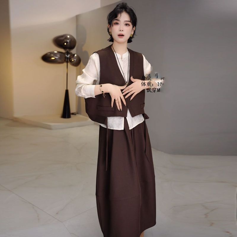 欧货时尚三件套女2025秋装西装马甲+国风立领长袖衬衣+半身裙套装|undefined