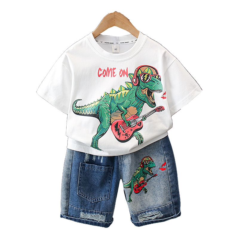 7187 Traje de verano para niños Pantalones cortos de mezclilla de manga corta con estampado de letras para niños Traje de dos piezas Moda de verano para bebés