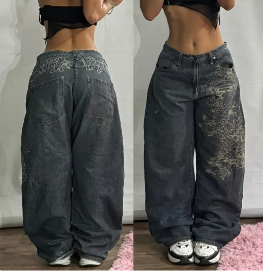 国境を越えたメーカー直販黒灰色ジーンズプリント暗紋スタイルアメリカレトロ広脚女性ジャズパンツ|undefined