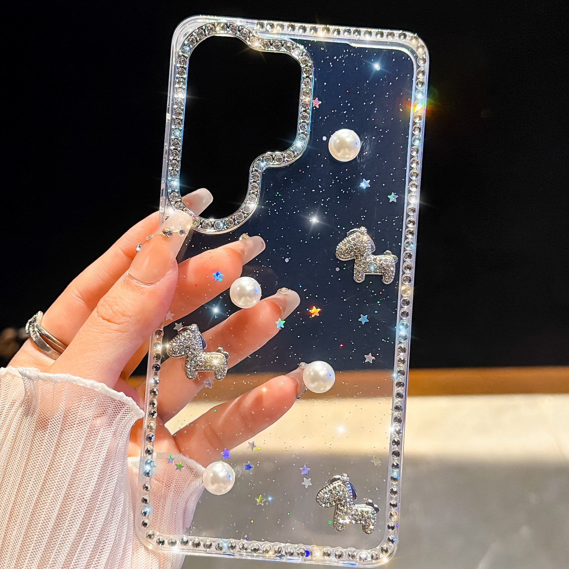 适用三星S26Ultra珍珠小马手机壳S24FE闪钻S25全包防摔DIY保护套