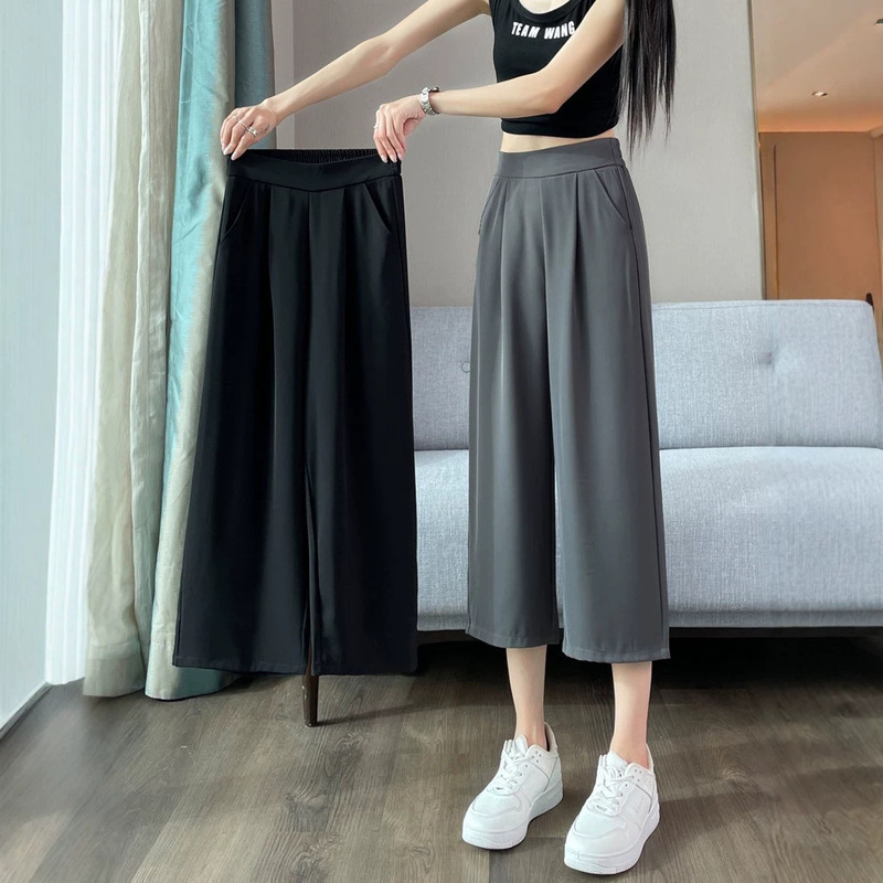 Ice Silk Cropped Wide-Leg Pants for Women, Summer Thin Style, 2026 New Large Size Women's Casual Straight Chiffon Suit Pants