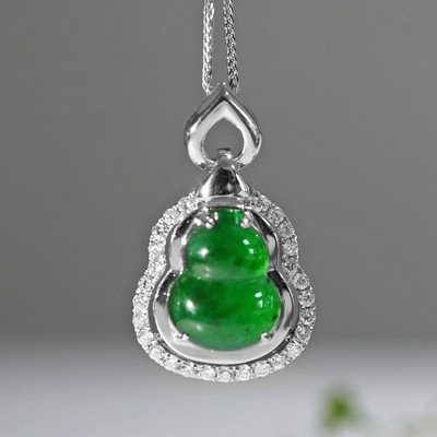 铂金PT950培育钻石镶嵌满钻翡翠葫芦吊坠锁骨链单坠女寓意福禄送|ms
