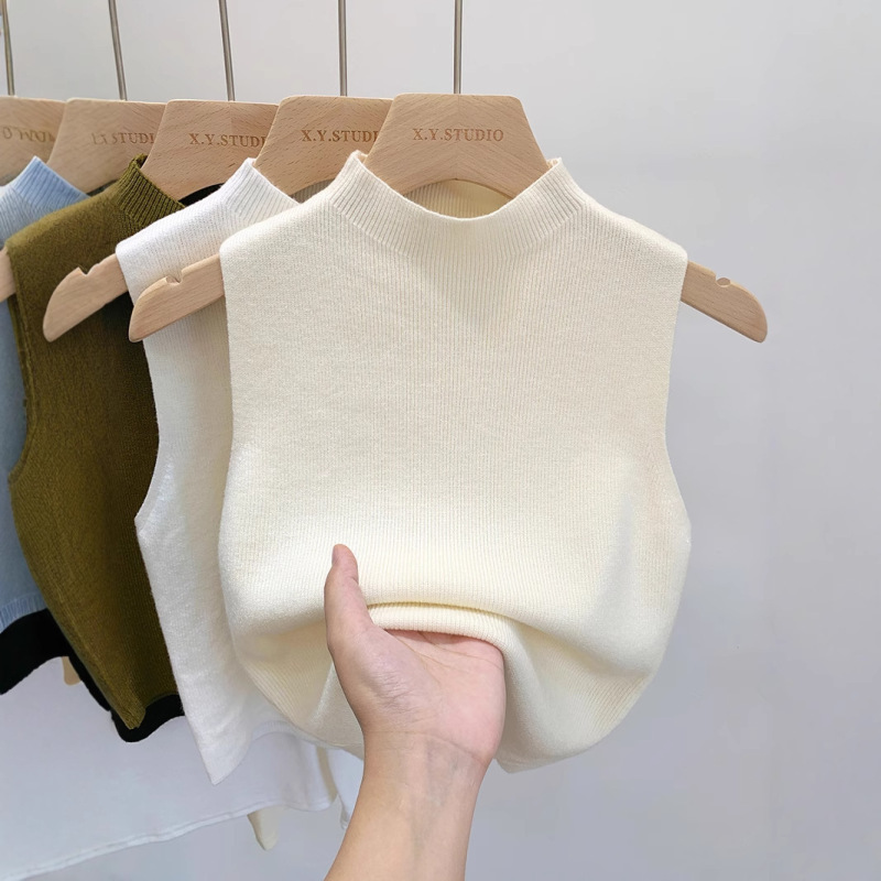 Spring and Summer Inner Knitted Sweater Base Shirt Women's Half-turtleneck Camisole Mid-collar Early Autumn Outer Wear Sleeveless Top Spring and Summer Inner Knitted Sweater Base Shirt Women's Half-turtleneck Camisole Mid-collar Early Autumn Outer Wear Sleeveless Top