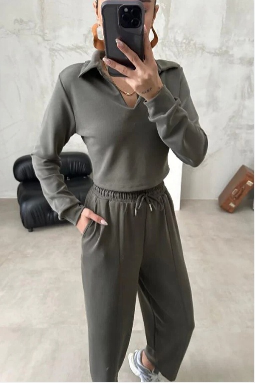 Damenbekleidung Herbst und Winter Freizeit Langarm V-Ausschnitt Sport Leggings Zweiteiliger Anzug_voghion.com