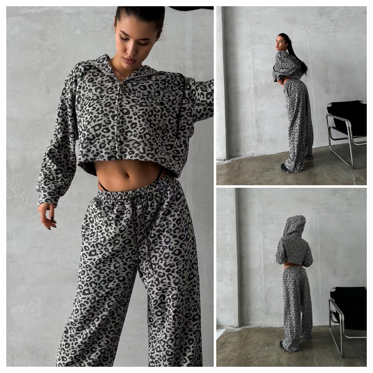 欧美风豹纹拉链连帽卫衣套装女装高级感夏季低腰宽松休闲阔腿长裤