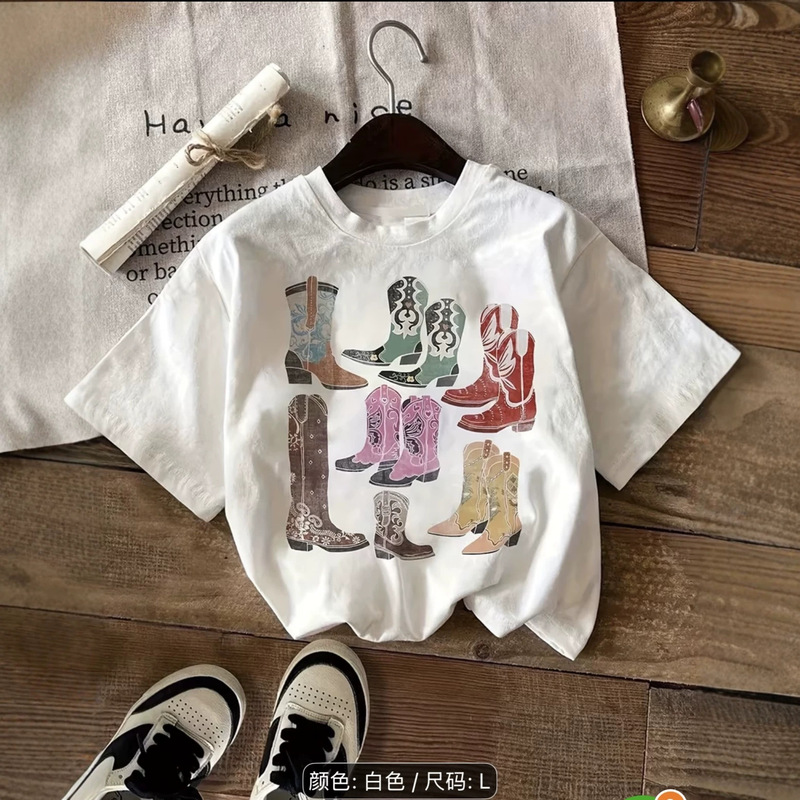 American Retro Western Cowboy Boot Print White Short-Sleeve T-Shirt, Loose Round Neck Casual Versatile Niche Lazy Style