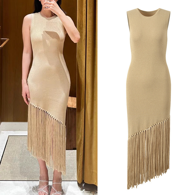 2026 Summer New Style French-Style Elegant Fringe-Trimmed Round-Neck Knitted Dress Sleeveless Fashionable Wrap Long Dress