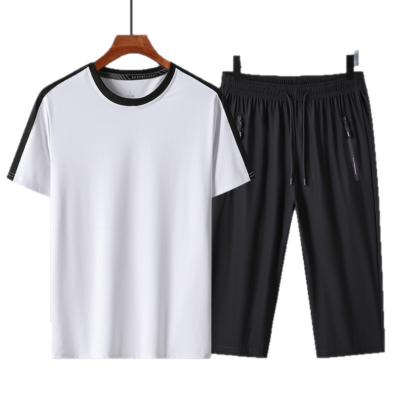 Trajes de hielo para hombres, trajes deportivos casuales de cuello redondo, mangas cortas, pantalones sueltos de siete puntos para hombres, set transpirable de verano de secado rápido de dos piezas