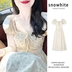 方襟砕花泡袖ワンピース女性夏フランス式ウエスト甘い田園風初恋桔梗a字ロングスカート