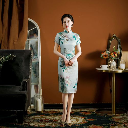 Chinese Dresses for women oriental green floral qipao dresses retro traditional cheongsam dress long