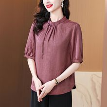 高端仿香云纱上衣女新款妈妈装圆领新中式真丝衬衣大码夏