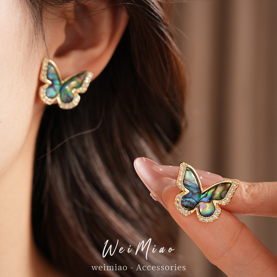 18 quilates de oro real chapado agujas de plata zircon mariposa conchas de mar pendientes de nicho delicados pendientes ligeros de lujo de alta calidad pendientes para mujeres