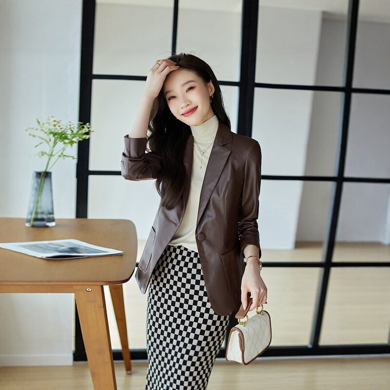 Women's leather blazer for spring and autumn, single-button, simple and elegant, professional short coat with a high-end feel Women's leather blazer for spring and autumn, single-button, simple and elegant, professional short coat with a high-end feel