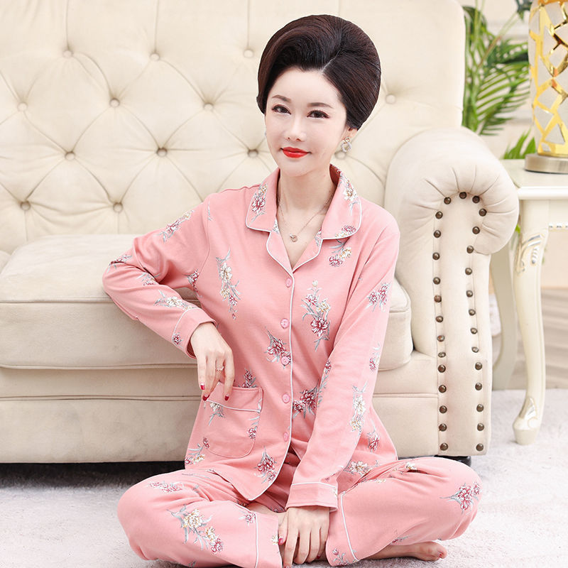 Primavera y otoño pijamas mujeres de mediana edad y madres ancianas 100% algodón de manga larga Chaqueta de punto traje suelto más tamaño ropa para el hogar