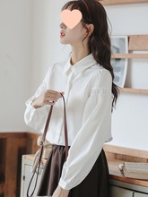 简约白色松紧长袖灯笼袖衬衫上衣女装初秋季新款翻领棉纺衬衣