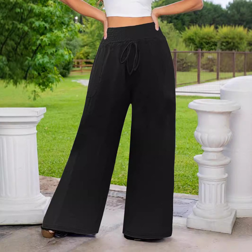 European and American women's clothing new casual fashion solid color drawstring wide leg pocket pants loose women's pants