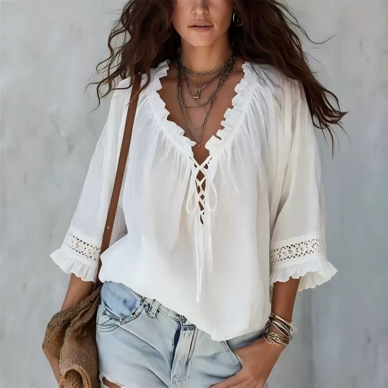 European and American cross-border bohemian resort-style V-neck tie-neck ruffled women's shirt, loose fit, three-quarter sleeves, hollow lace European and American cross-border bohemian resort-style V-neck tie-neck ruffled women's shirt, loose fit, three-quarter sleeves, hollow lace