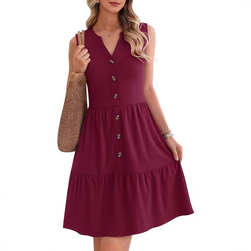 Women's Summer Casual Sleeveless Dress 2026 V-Neck Beach Vacation Layered Dress Buttoned Mini Skirt Women's Summer Casual Sleeveless Dress 2026 V-Neck Beach Vacation Layered Dress Buttoned Mini Skirt