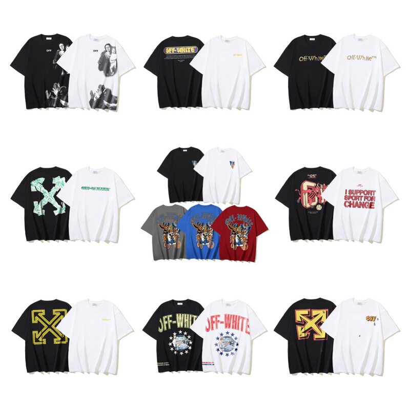 Cross-Border Off-White Pure Cotton 280g Washed and Distressed Double Yarn Heavyweight Five-Pointed Star Collaboration Print Short-Sleeve T-Shirt