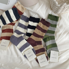 條紋破洞襪子女中筒襪秋春季新款ins潮咖色堆堆襪韓版夏天乞丐襪