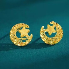 玖凤祥999足金包银耳钉黄金爆闪星月织梦耳饰时尚大气百搭送女友