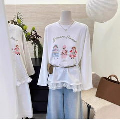 日系甜美風2025夏アニメプリントレースの長袖tシャツの女性はゆったりしていて、着痩せしています。