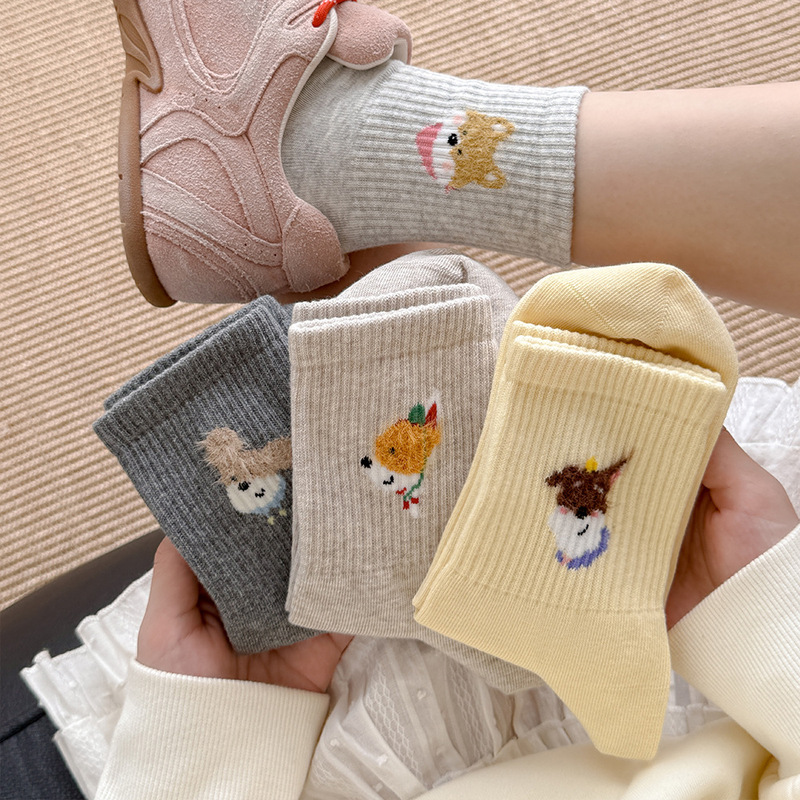 2025 Autumn and Winter New Socks for Women, Pure Cotton Puppy, Sweet and Cute Mid-Calf Cotton Socks, Breathable and Versatile, Preppy Style