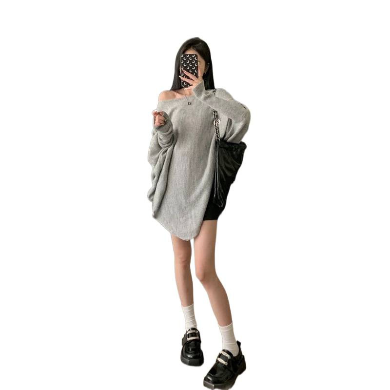 慵懒风领针织衫毛衣外套2025秋冬新款不规则设计感蝙蝠袖女上衣|undefined