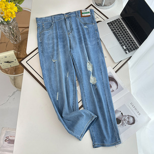 2025 plus size women's summer 200kg chubby girl fashion new slim thin worn Denim pants 2555