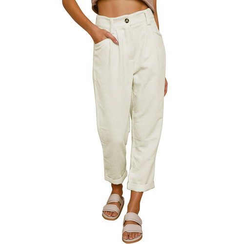 Women's Fall High-Waisted Casual Pants European and American Solid Color Corduroy Loose Straight Leg Pants