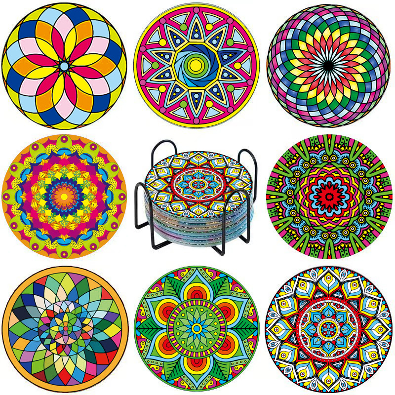 Posavasos de pintura de diamantes de diamantes de diamantes completos transfronterizos hechos a mano almohadilla de aislamiento térmico de diamantes de punto de acrílico redondo de bricolaje fondo de corcho antideslizante posavasos