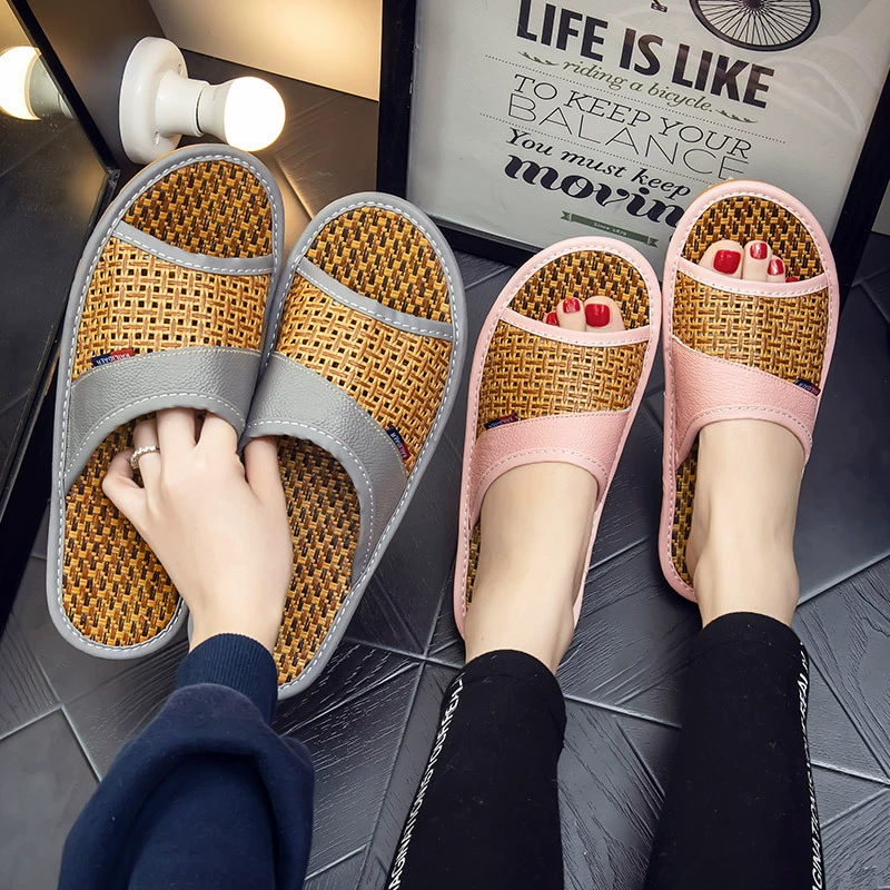 Летние домашние напольные тапочки из воловьей кожи, женские домашние летние тканые бамбуковые тапочки, мужские домашние Нескользящие, Four Seasons