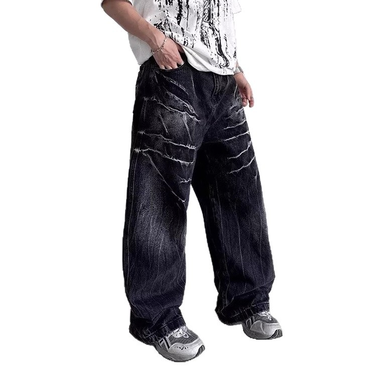 American Style Rivet Lightning Denim Jeans For Men And Women, Wide-Legged Distressed Wash Vintage Drop-Crotch Trousers, Trendy Streetwear Design_mkmklike.com