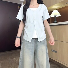 韓国風フェイクツーピース半袖Tシャツ、夏の太った女性向け、肉感カバー、着痩せ、スリムデザイン、おしゃれな通勤トップス