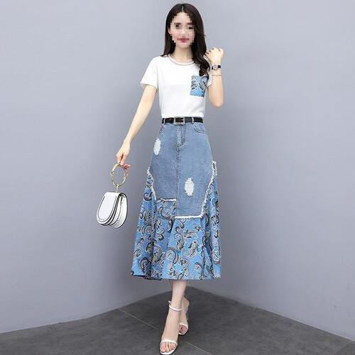 Summer denim dress, two-piece spring and summer dress, new women's style, slimming skirt, long skirt, suit, trend