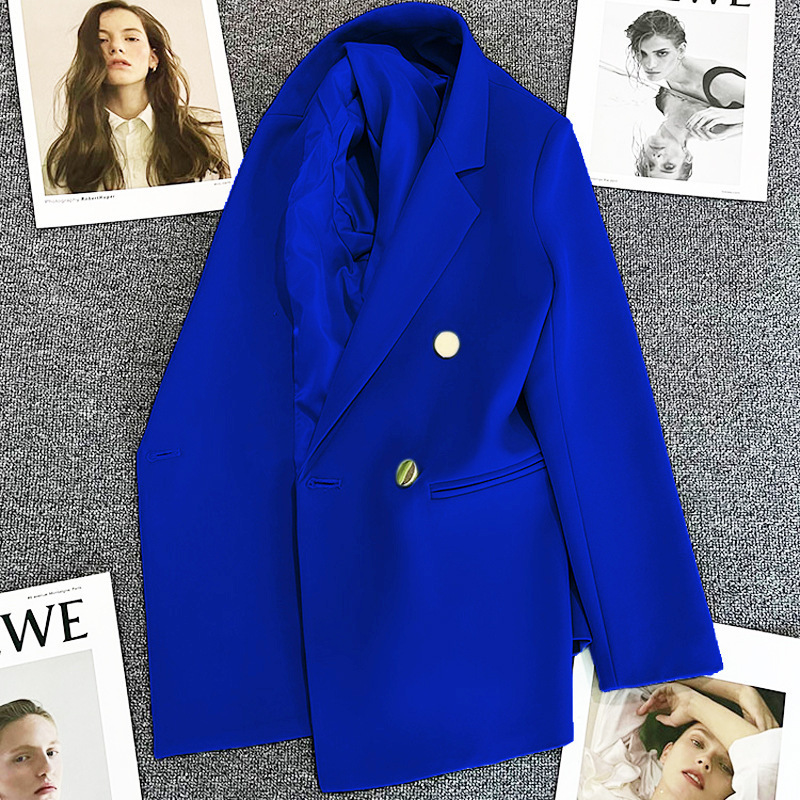 Small Suit Jacket for Women 2025 Spring New Korean Style Double-Breasted Work Clothing Street Blue Suit Casual Top for Women