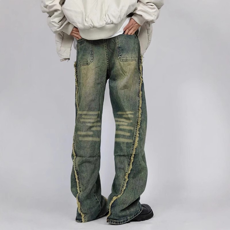 Men's Distressed Straight-Leg Jeans Vintage Washed High Street Denim Pants Raw Hem Slight Flare_mkmklike.com