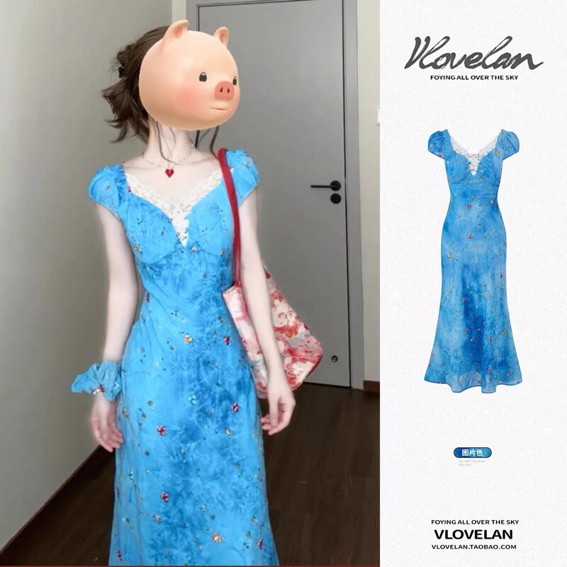 Capri Blue French Seaside Resort Style Design Niche Slim Fit Lace Splicing Short-Sleeved Dress for Women in Summer