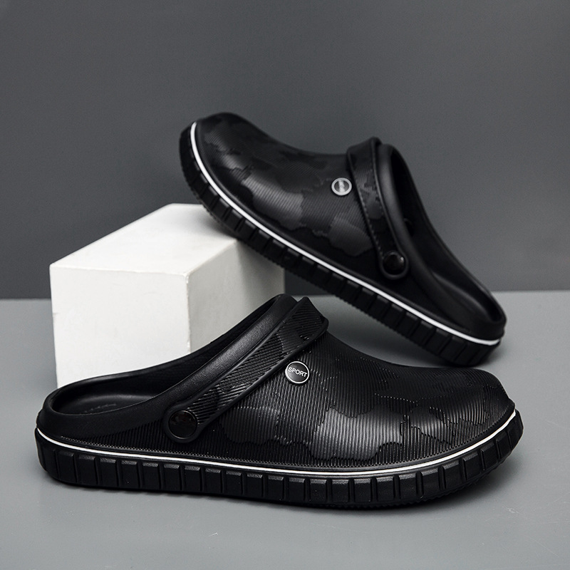 Fashion Casual plus size Hole Shoes Men's Summer Outer Wear Beach Sandals and Slippers Solid Color Baotou Chef Slippers