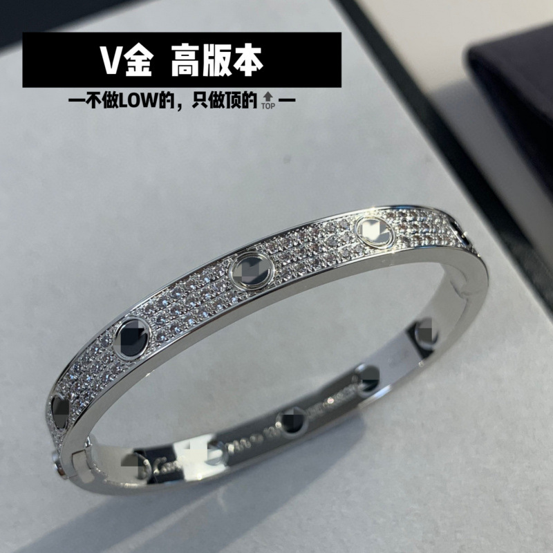 High-End Version V-Gold Classic Love Thick-Plated 18K Rose Gold Wide Band Three-Row Diamond Starry Sky Black Stud Bracelet Full of Diamonds